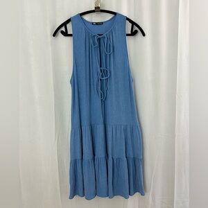Zara Blue Plunge Neck Tiered Mini Sundress Womens Size Small